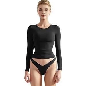 SUUKSESS Women Double Lined Fitted Basic Tee Shirts Crew Neck Long Sleeve Going